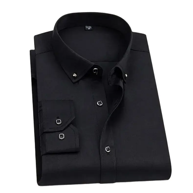 5XL Drill Button Micro Elasticity New Anti-Wrinkle Office Men Shirts Long Sleeve Black White Shirt Men Long Sleeve Slim Fit