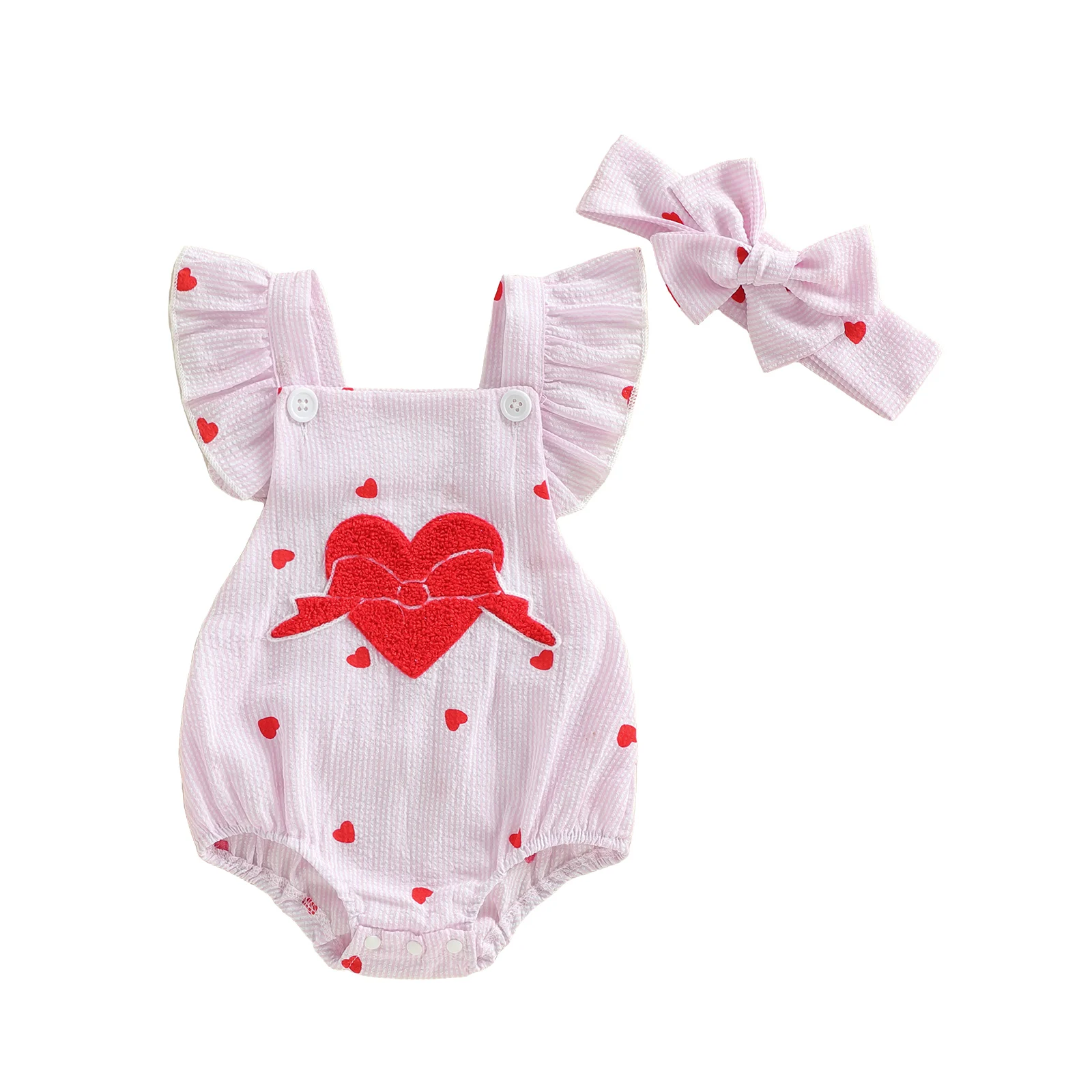 

Летний комбинезон для маленьких девочек, полосатый принт, бант, сердце, вышитый развевающимися рукавами, боди с квадратным вырезом, повязка на голову