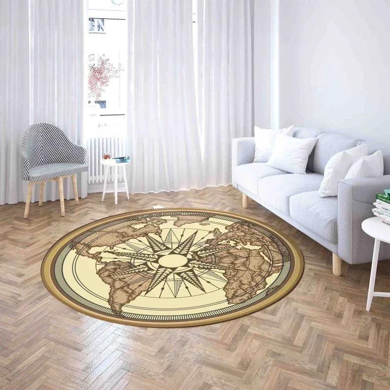 World Map Compass Round Rug Travel Lover Adventurer Home Decor Carpet Nursery Kids Room PlayMat Living Room Circle Floor Mat