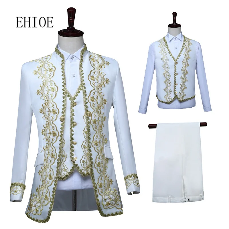 

Ehioe Men 3-Piece Suit Medieval Embroidered Jacket Vest Pants Royal Court Men's Wedding Suit European Retro Court Dress Costumes