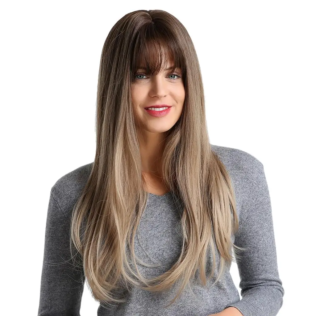 Gradient Brown Long Straight Wig Straight Wig with Flat Synthetic Wig Cosplay Wigs