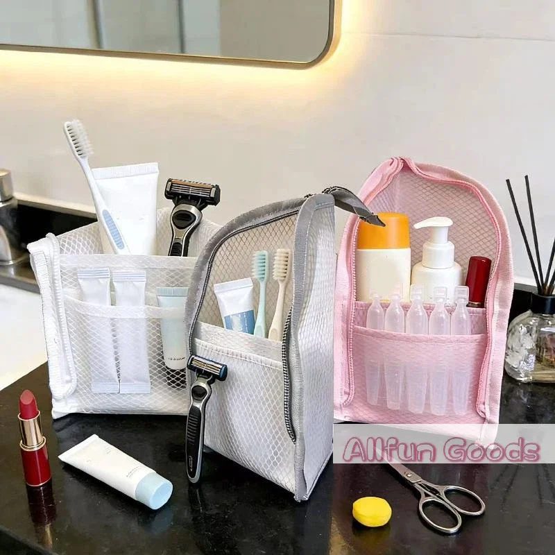 Large Capacity Cosmetic Bag Waterproof Space Saving Travel Foldable Toothbrush Toiletry Pouch Zipper Closure Vertical Standing