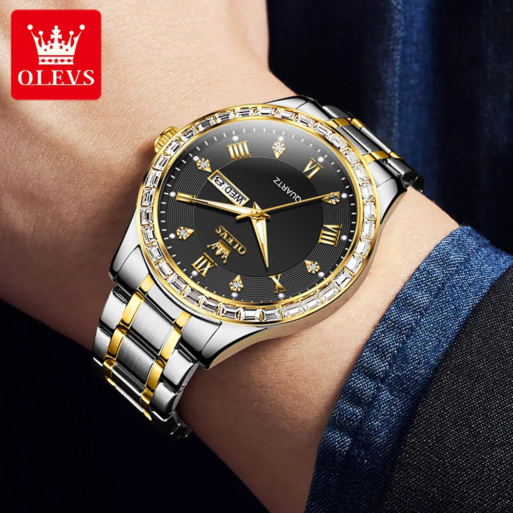 OLEVS 9906 ساعة رجالي ماركة الموضة الأصلية ساعات كوارتز للرجال الزركون الحافة مقاوم للماء مضيئة المزدوج التقويم ساعة Reloj