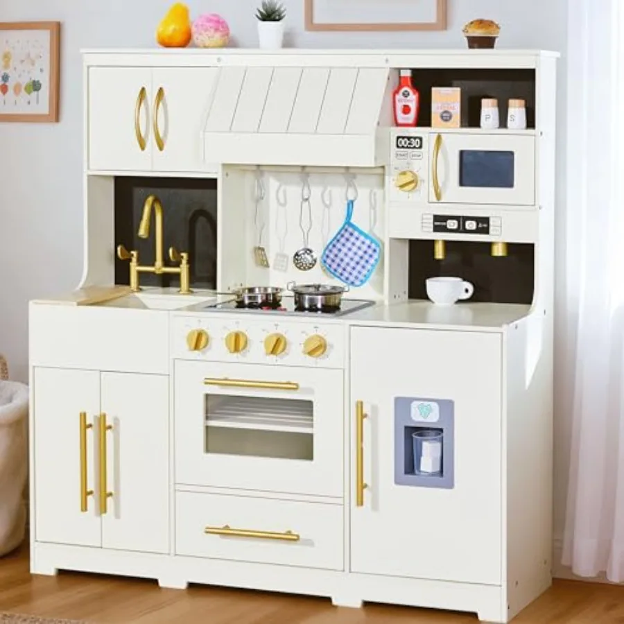 

Wooden Kitchen Playset for pretend play, natural wood material, white and red color, interactive lights sounds with 19pcs acces