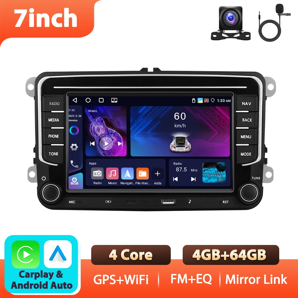 Podofo 7'' 6+128G autoradio voor VW/PASSAT/GOLF/POLO/BORA multimediaspeler WIFI Carplay Android Auto BT EQ Sound DSP autostereo