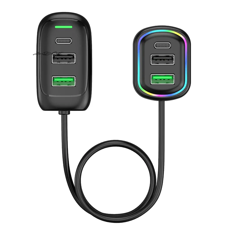 6-Ports USB Type-C Front And Rear Extension Car Charger With RGB Light PD Fast Charging Power Adapter For Iphone Tablet Laptop