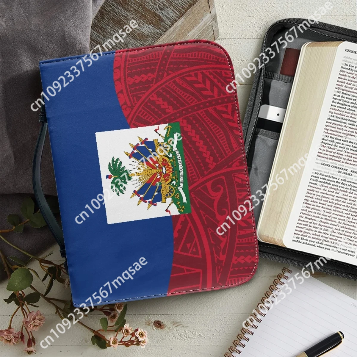 

New Flag of Haiti Print Bible Cover Case for Women PU Leather Bible Bag Zippered Handle Handbags Portable Bible Storage Bags