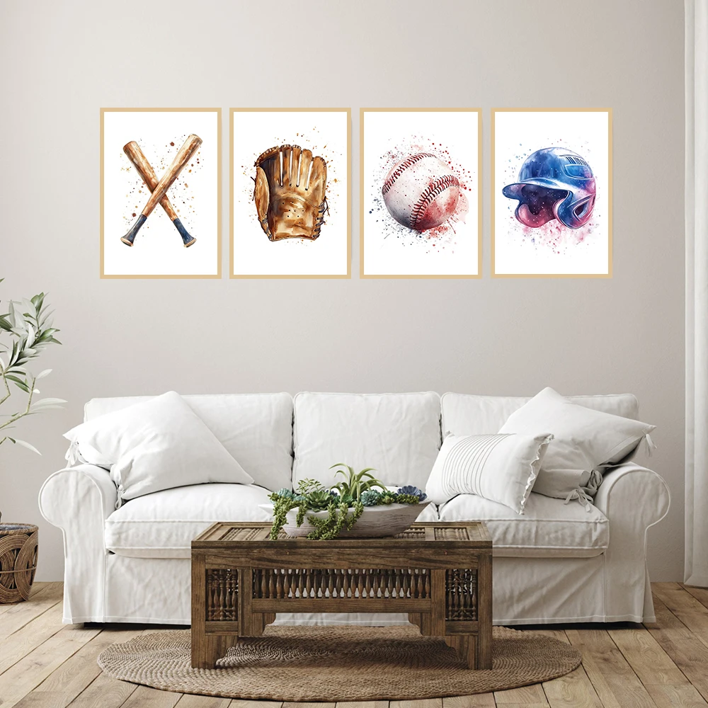 Acuarela béisbol Softball casco guante bola murciélago carteles cuadro sobre lienzo para pared arte deportivo impresión decoración de dormitorio para habitación de niños