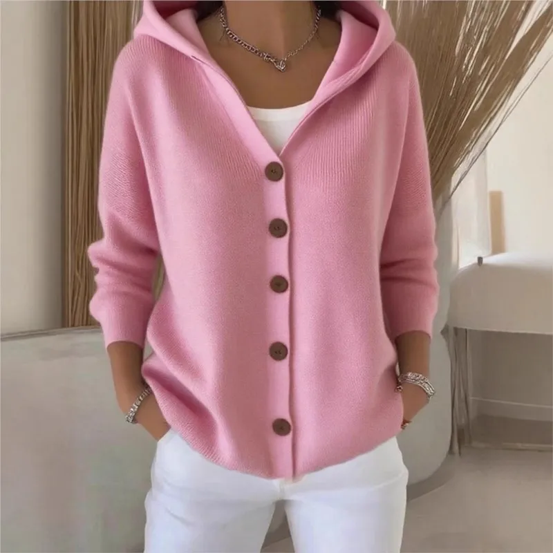 

Temperament Commuter Women's Knitted Hooded Jacket Fashionable Solid Color Single-breasted Cardigan 2025 Daily Knitted Jacket