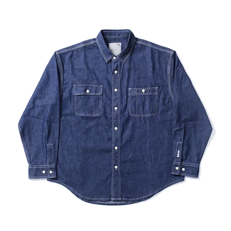 

Double Pockets Madness Mdns Embroidery Patch Label Denim Shirts Men Women Blue Loose Casual V-shape Shirts Blouse Japanese