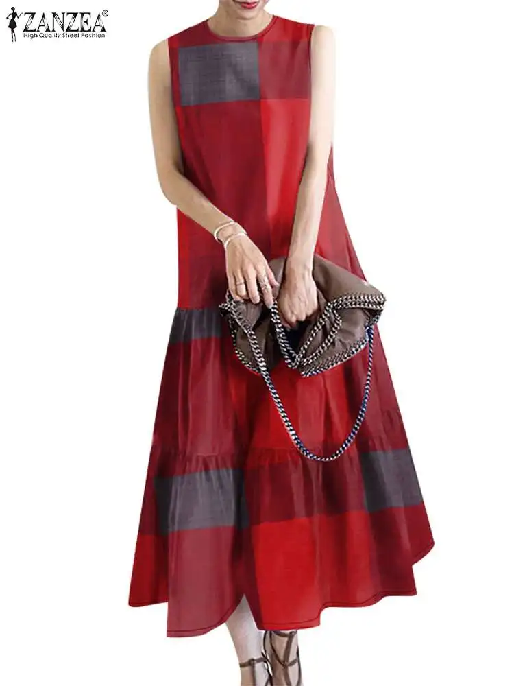 ZANZEA Elegant Women Sleeveless Dress Summer Holiday Party Sundress Vintage Tanks Robe Femme O Neck Ruffles Hem Vestidos Kaftan