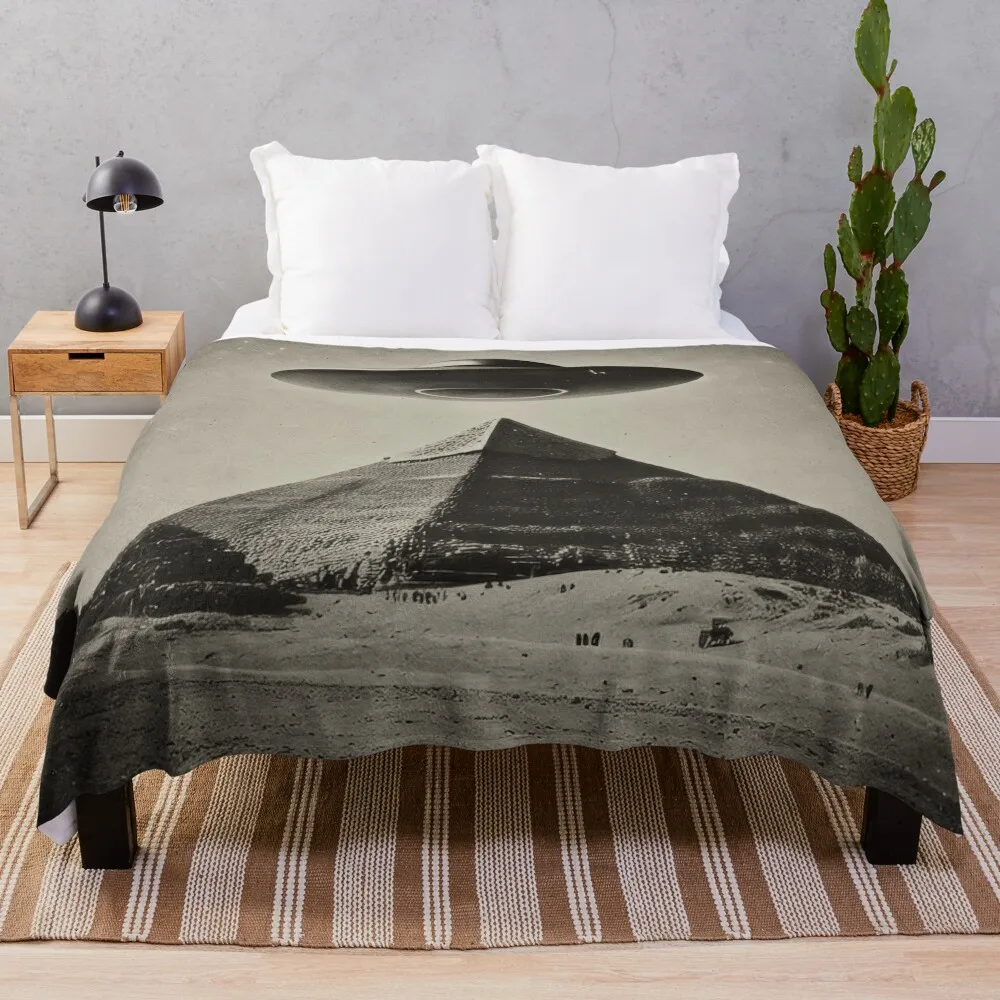 Vintage 1920s Monochrome Photo of a UFO Hovering Over the Great Pyramid Throw Blanket Large Sofa Blankets