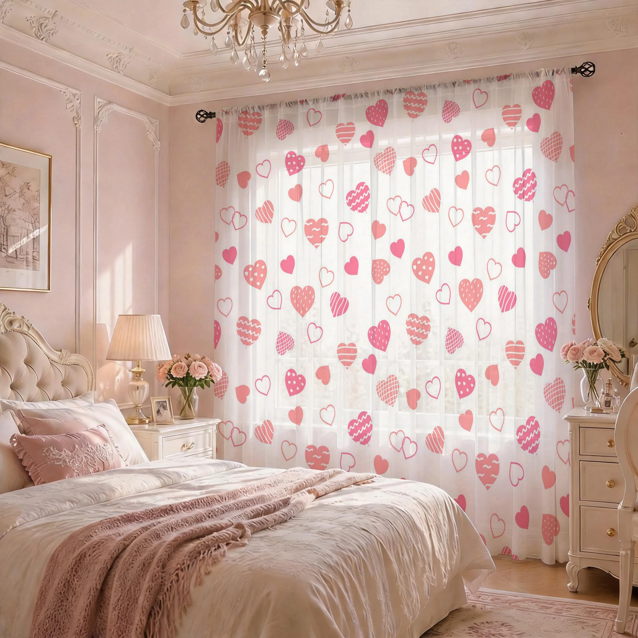 Coral Pink Heart Rod Pocket Sheer Curtains, Romantic Love Voile Window Curtain for Girls Bedroom Living Room Home Decor