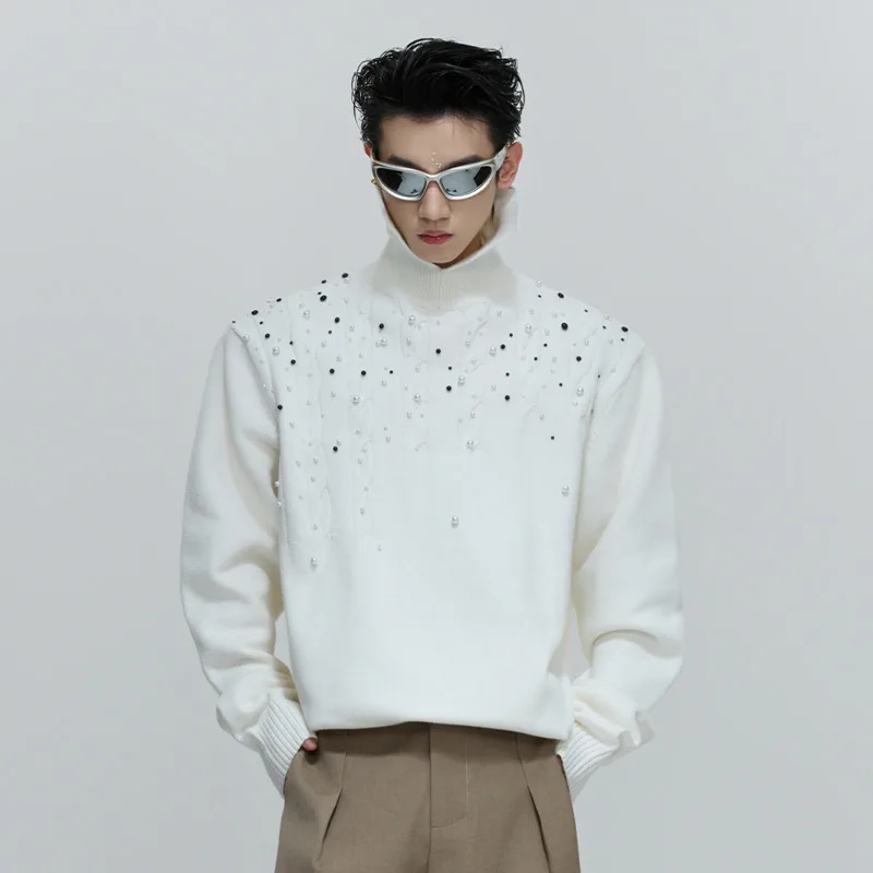 WVGA primavera otoño nuevo hombre marea perla adornado diseño de moda suéteres con cuello en V nicho Chic Casual chaqueta de manga larga Ins W12860