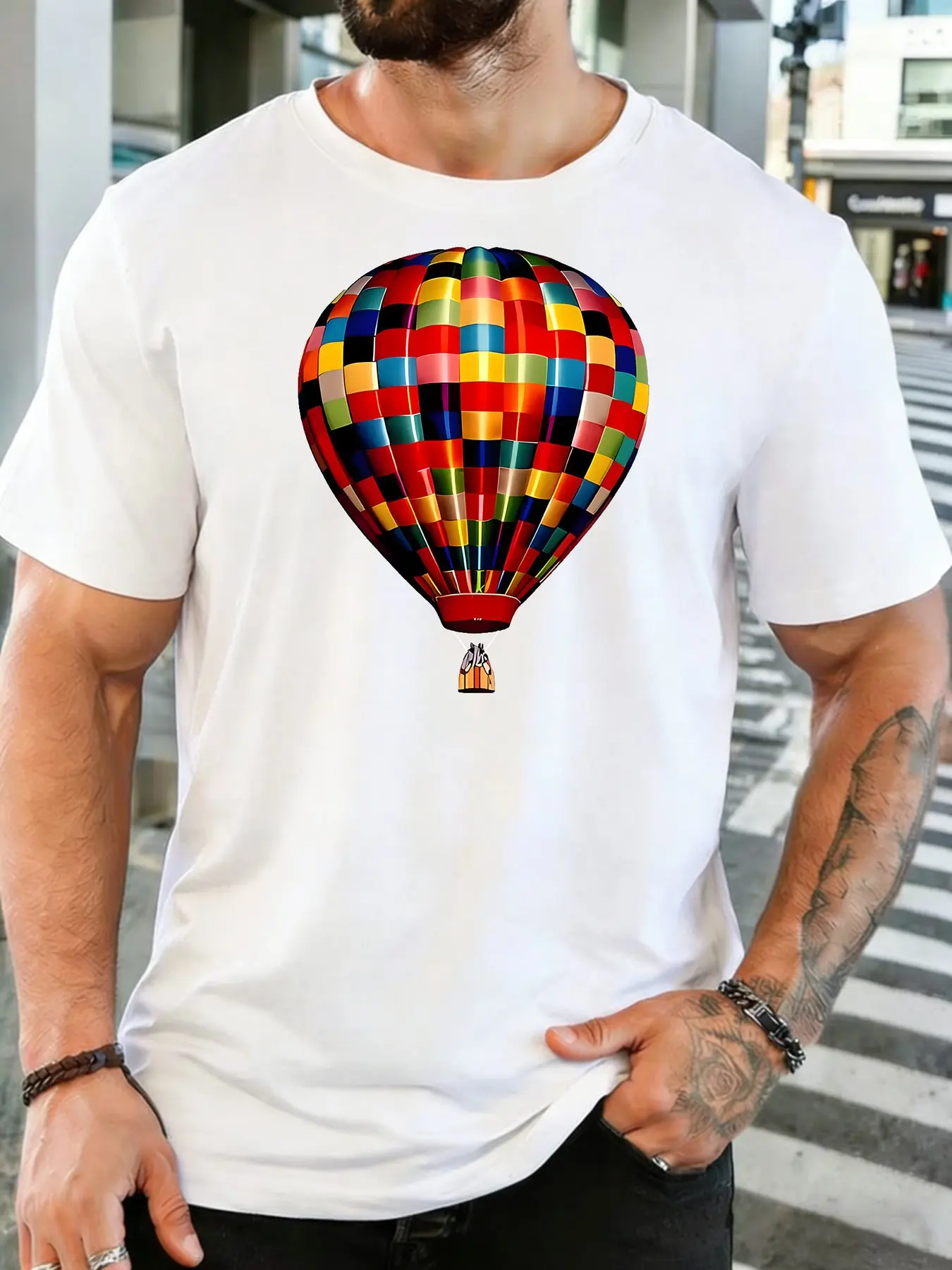 Men Cotton Crew Neck T Shirt Colorful Plaid Hot Air Balloon Graphic Travel Adventure Lover Casual Short Sleeve Male Daily Top