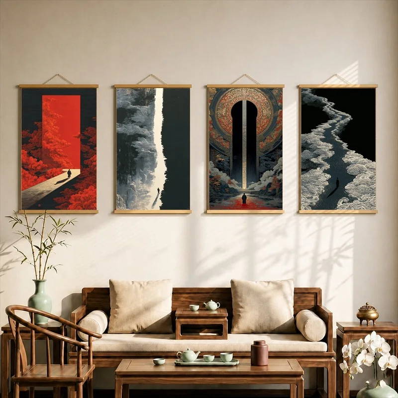 Oriental Red Forest Cloudscape Canvas Wall Art Hanging Scroll Surreal Japanese Landscape Print with Wooden Rods for Living Room