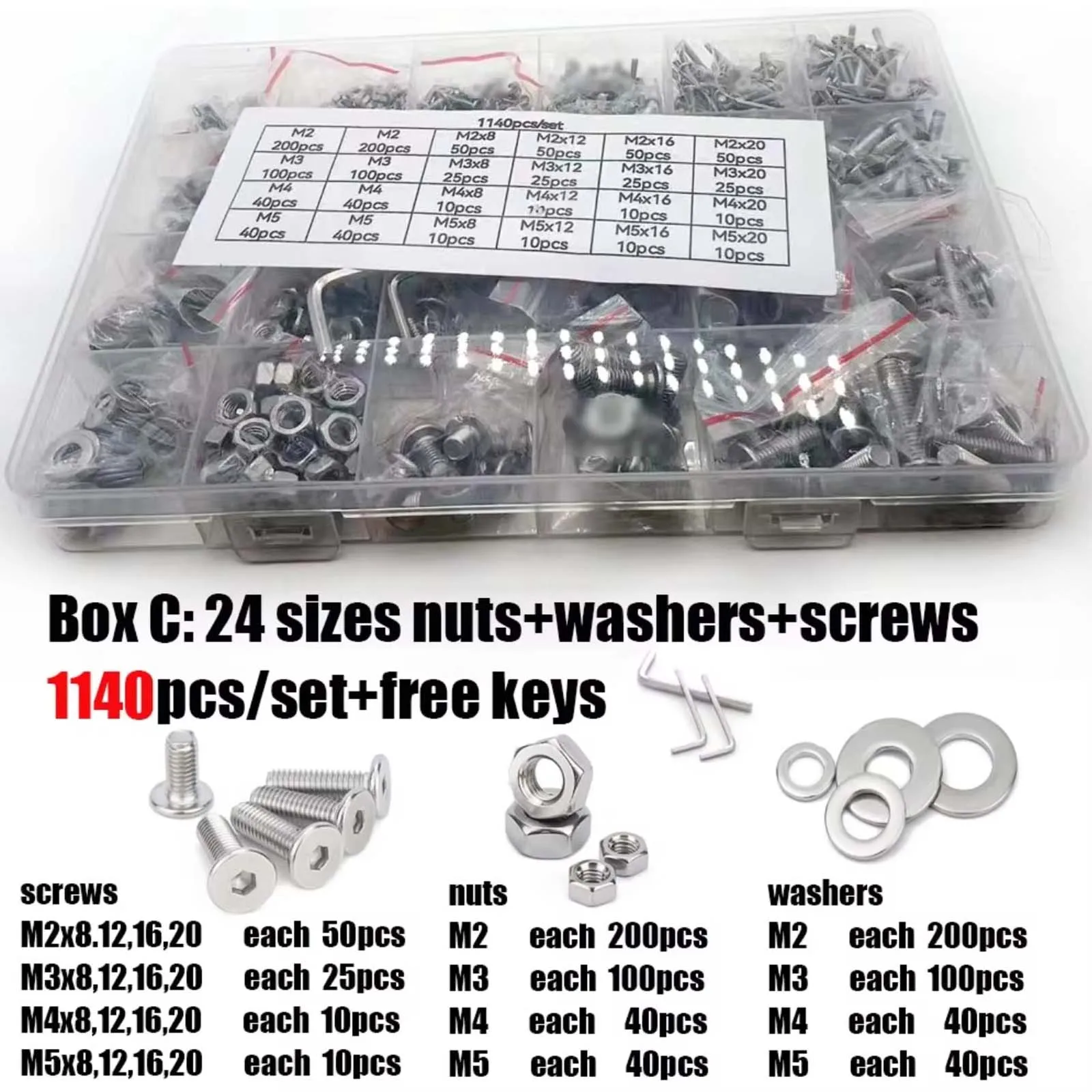 400/2100X M1.6 M2 M2.5 M3 M4 M5 304 Stainless Steel Hexagon Hex Socket Thin Flat Wafer Head Screw Bolt Nut Washer Assortment Kit