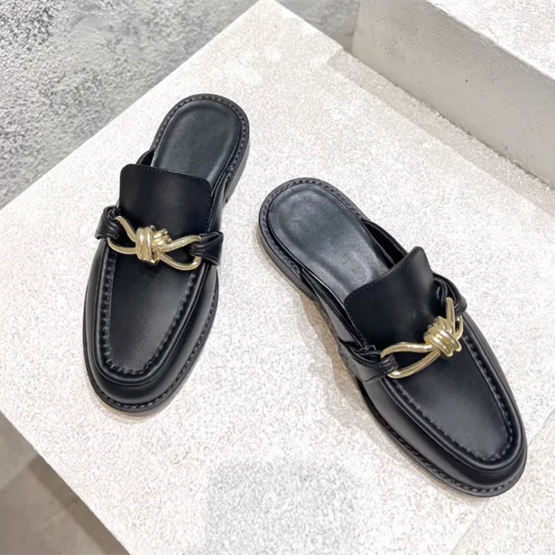 Metal Buckle Half Slippers For Women Retro High Quality Genuine Leather Mule Shoes Comfortable Flat Man And Women Designer Shoes view 3