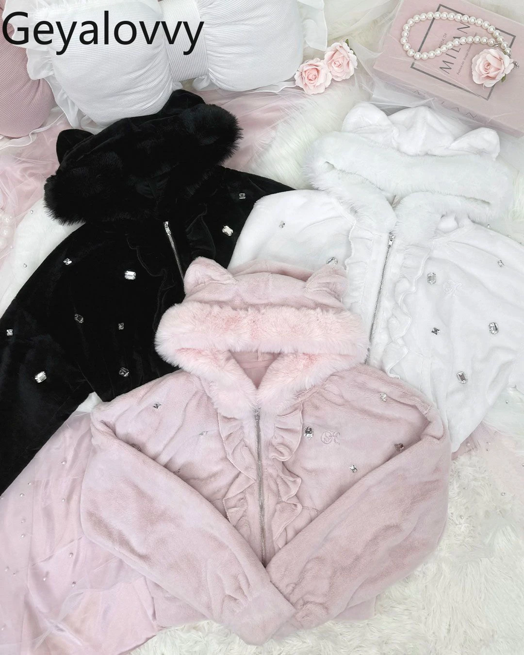 

Универсальное плюшевое короткое пальто с кошачьими ушками и капюшоном, осень-зима, новая милая милая куртка на молнии с длинными рукавами и рюшами для девочек