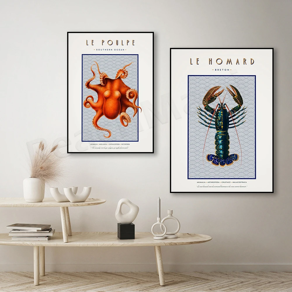 Breton Shrimp Poster, Vintage Lobster Poster, Octopus Poster, Sea Life, Illustration - Decor - Wall Art