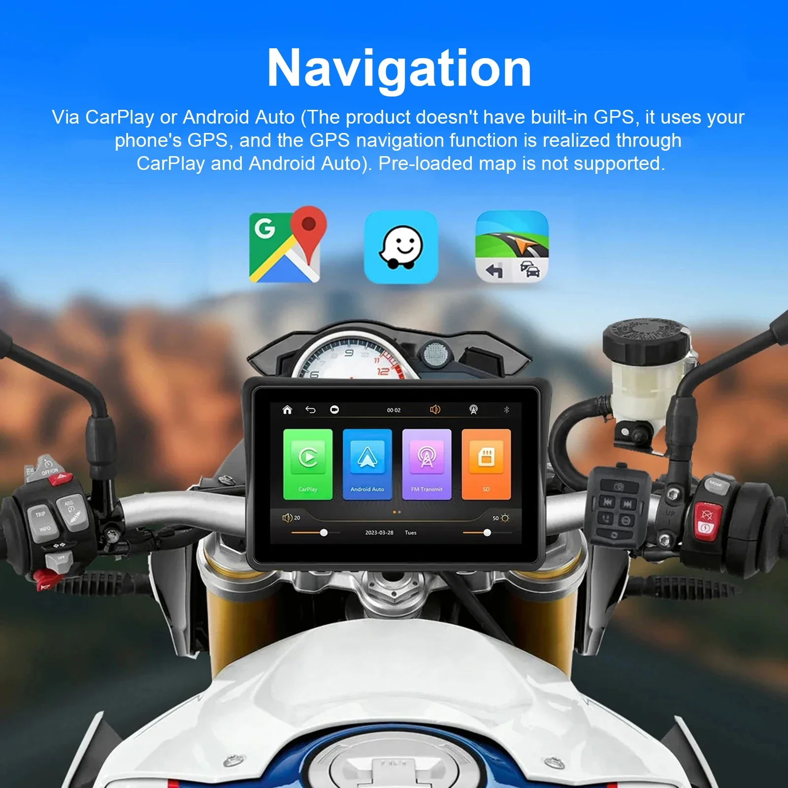 

Portable Dual Bluetooth Motorcycle GPS/Navigation 7 Inch Outdoor 800nit Screen IPX7 Waterproof Motorcycle CarPlay Android Auto