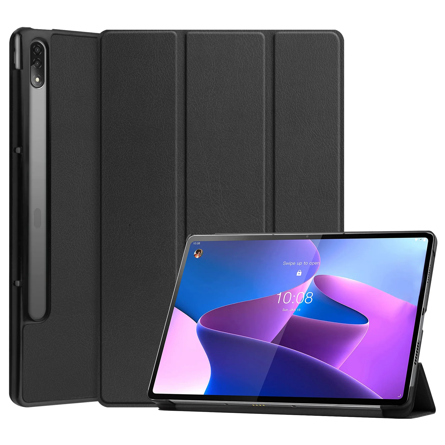 

Чехол для планшета с тройной подставкой для Lenovo Tab P12 Pro, искусственная кожа + защитный смарт-чехол для ПК с автоматическим пробуждением/сна - черный