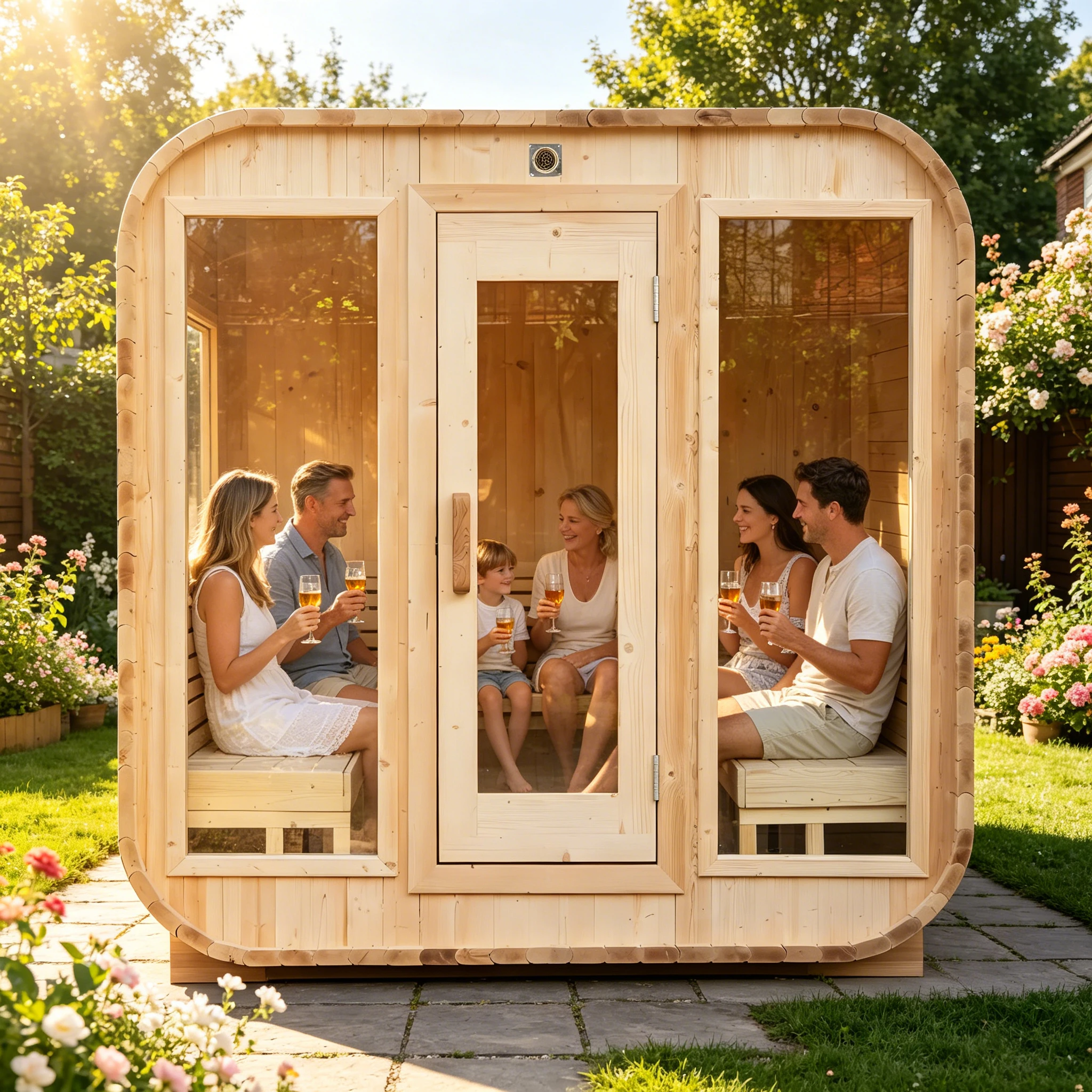Home Garden Sauna Barrel Cabin Natural Wood Construction with Electric Heater Stones for Relaxing Steam Bath