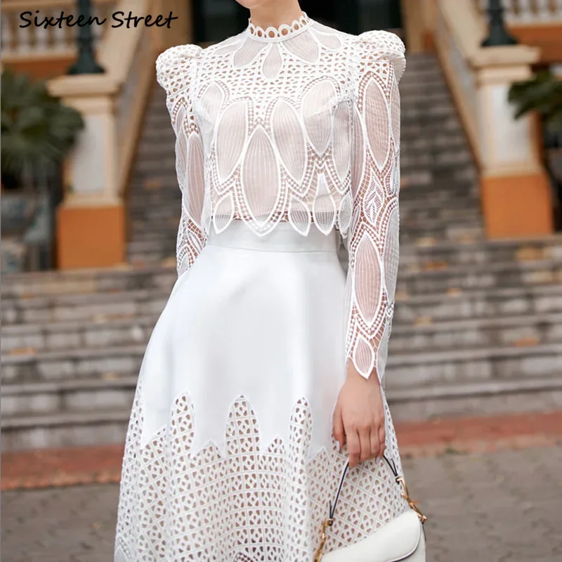 White Lace 2 Piece Sets Women Vintage Embroidery Flower Tops + High Waisted Skirts Ladies Party Elegant Design Skirt Sets