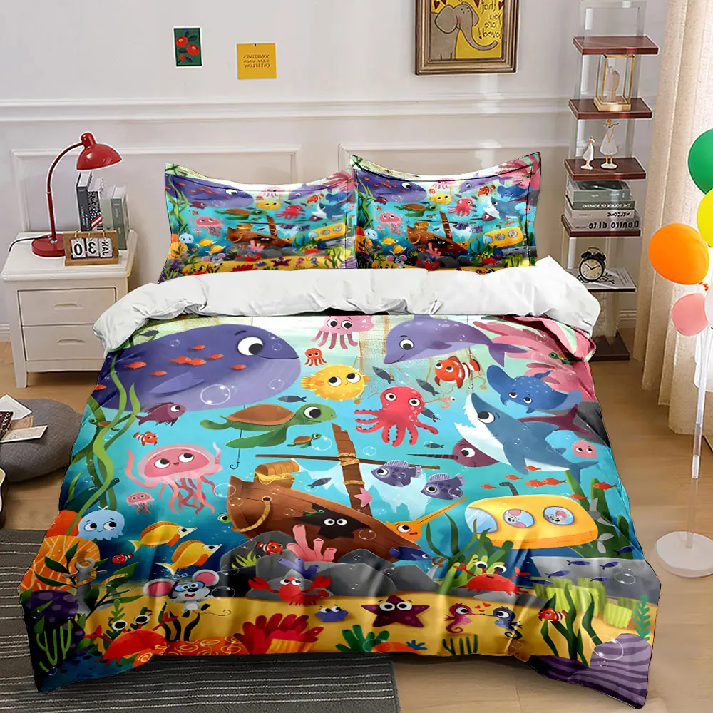 

Colorful underwater cartoon scene. Print Bedding Set 1 Duvet Cover 2 Pillowcases for Adult and Children Luxury Gift Full Size