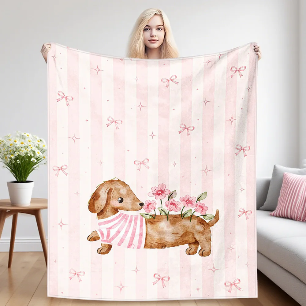 Flower Doxie Flannel Blanket Warm Soft Halloween Christmas Couch Warm Cozy Decorative Decor Gift for All Season