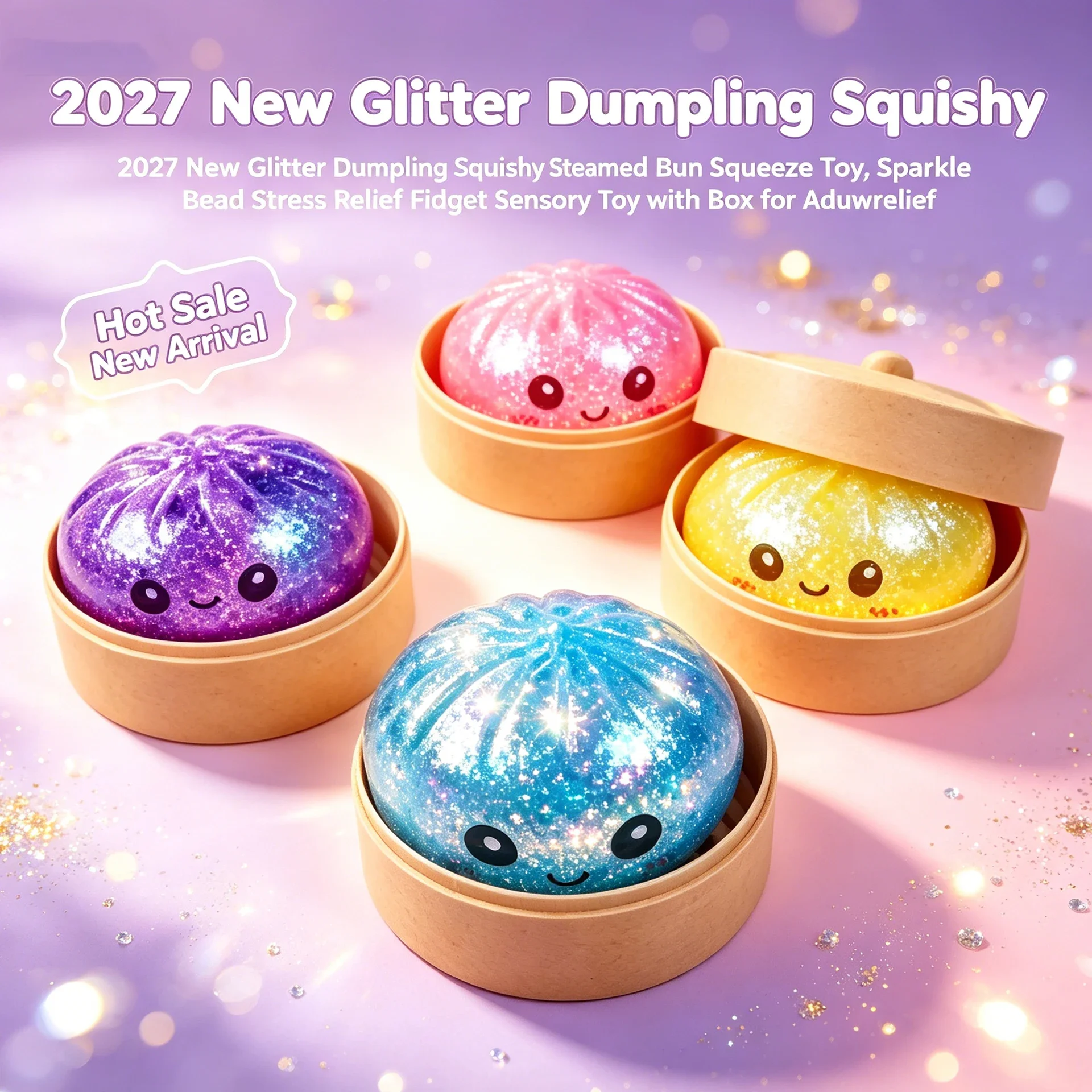 New Glitter Dumpling Squishy Sparkle Bead Steamed Bun Squeeze Toy Stress Relief Sensory Fidget Toy with Box for Adults Office