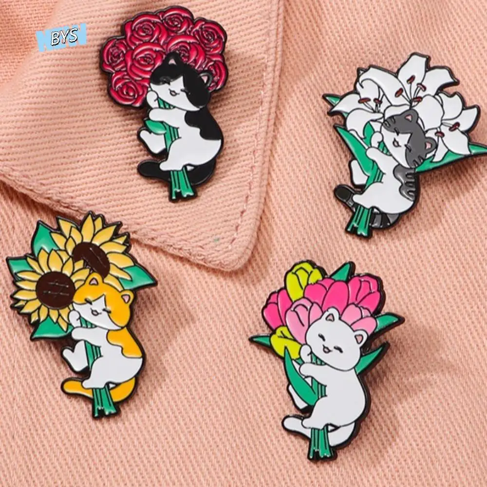 

Coat Sunflower Cat Holding Flowers Brooch Rose Decorate Cat Enamel Pin Cartoon Romantic Cat Metal Badge Schoolbag Decoration