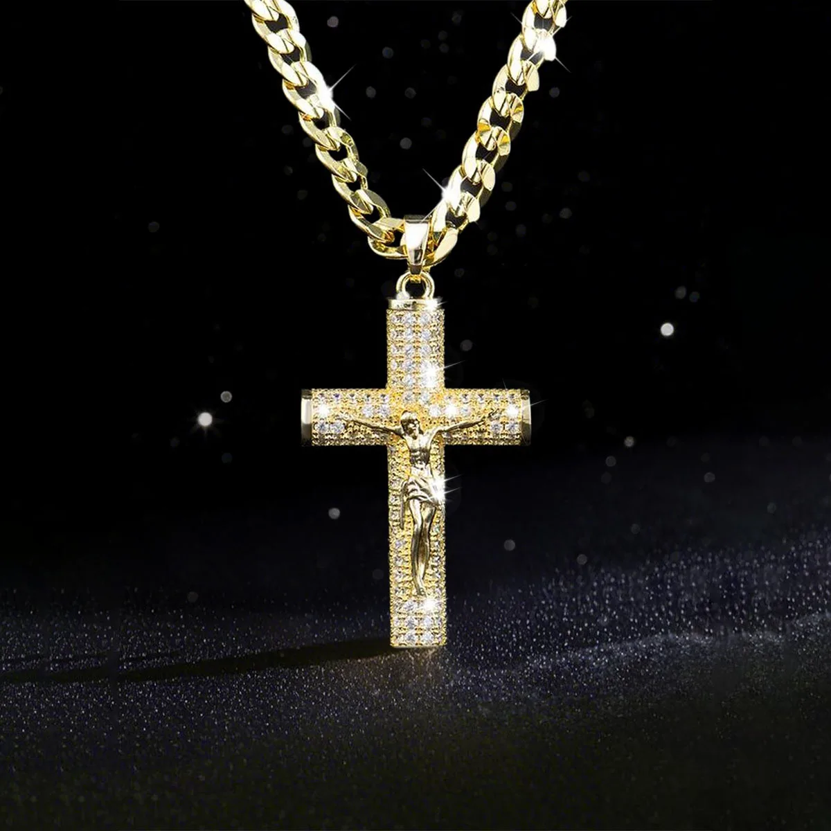 

Gold-Plated Cross Necklace for Men Advanced Nanotech Tarnish-Free Cuban Figaro Rope Miami Chains with Jesus Crucifix Pendant