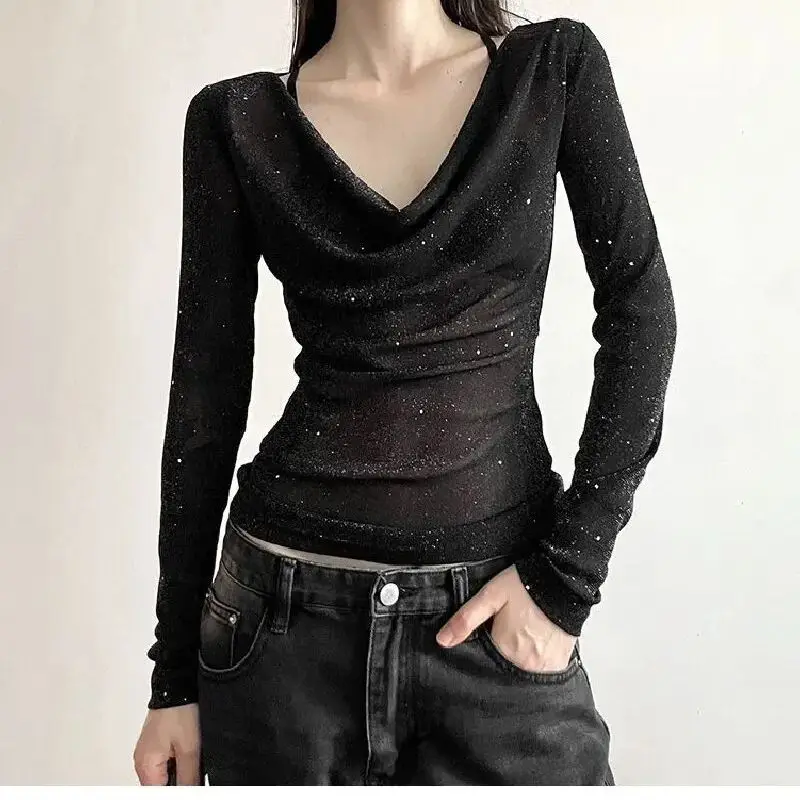 Sequined Long Sleeve T-shirt All-matched Solid V-neck Black Tee Women's Unique Design Fashion Sheer Slim Fit Sexy Trendy Top