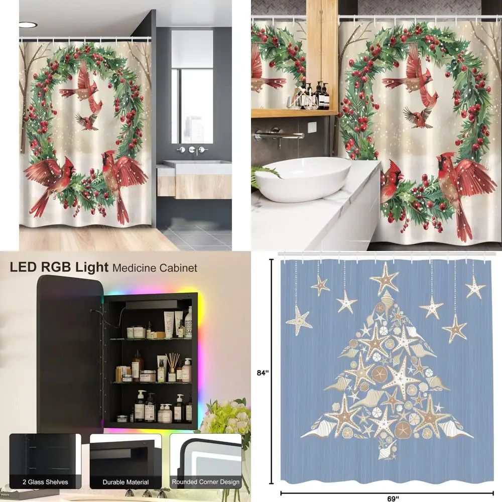 

Праздничная занавеска для душа: винтажные красные кардины и снежный венок на декоративной ткани для праздничного декора ванной комнаты.