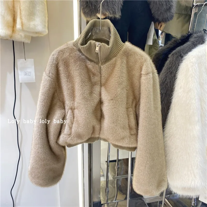 Women's Autumn Winter Faux Mink Hair Patchwork Long Sleeve Short Jacket Lady Streetwear Turtleneck Loose Faux Fur Outwear