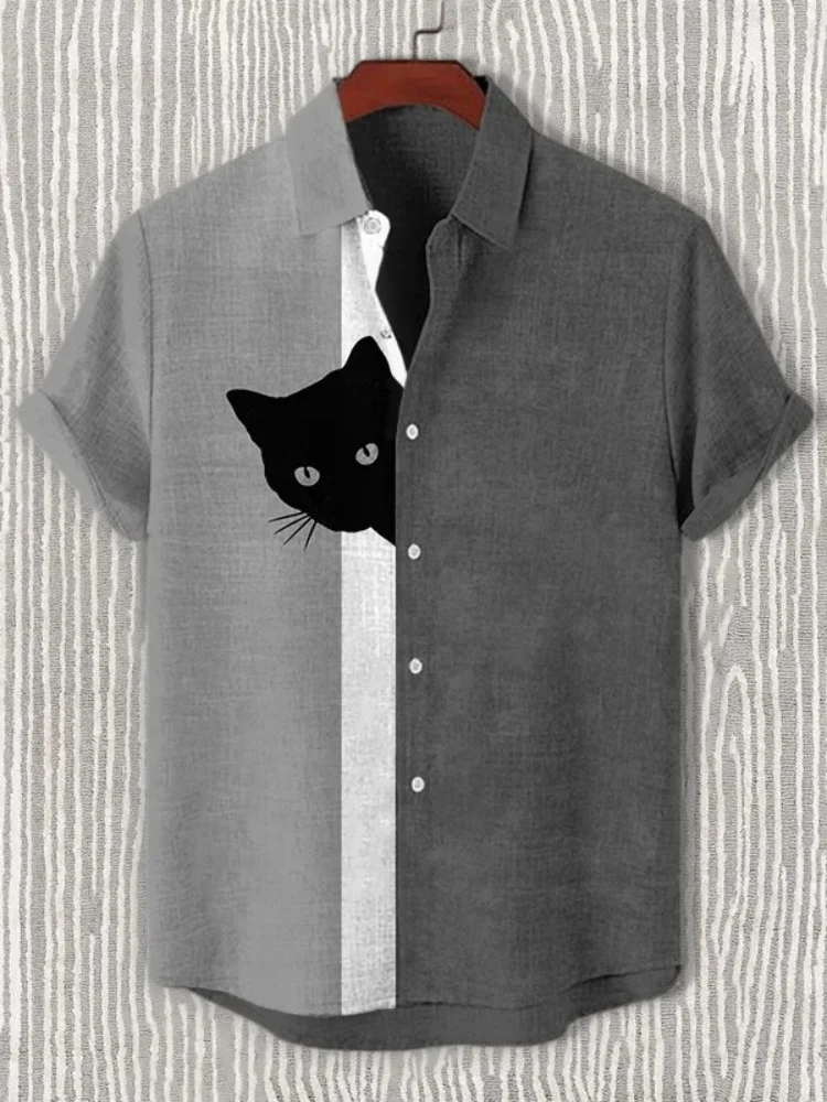 Men's Fun Hide-and-Seek Black Cat Print Shirt, Summer Holiday Casual Shirt, Harajuku Style Outdoor Quick-Drying Breathable Shirt