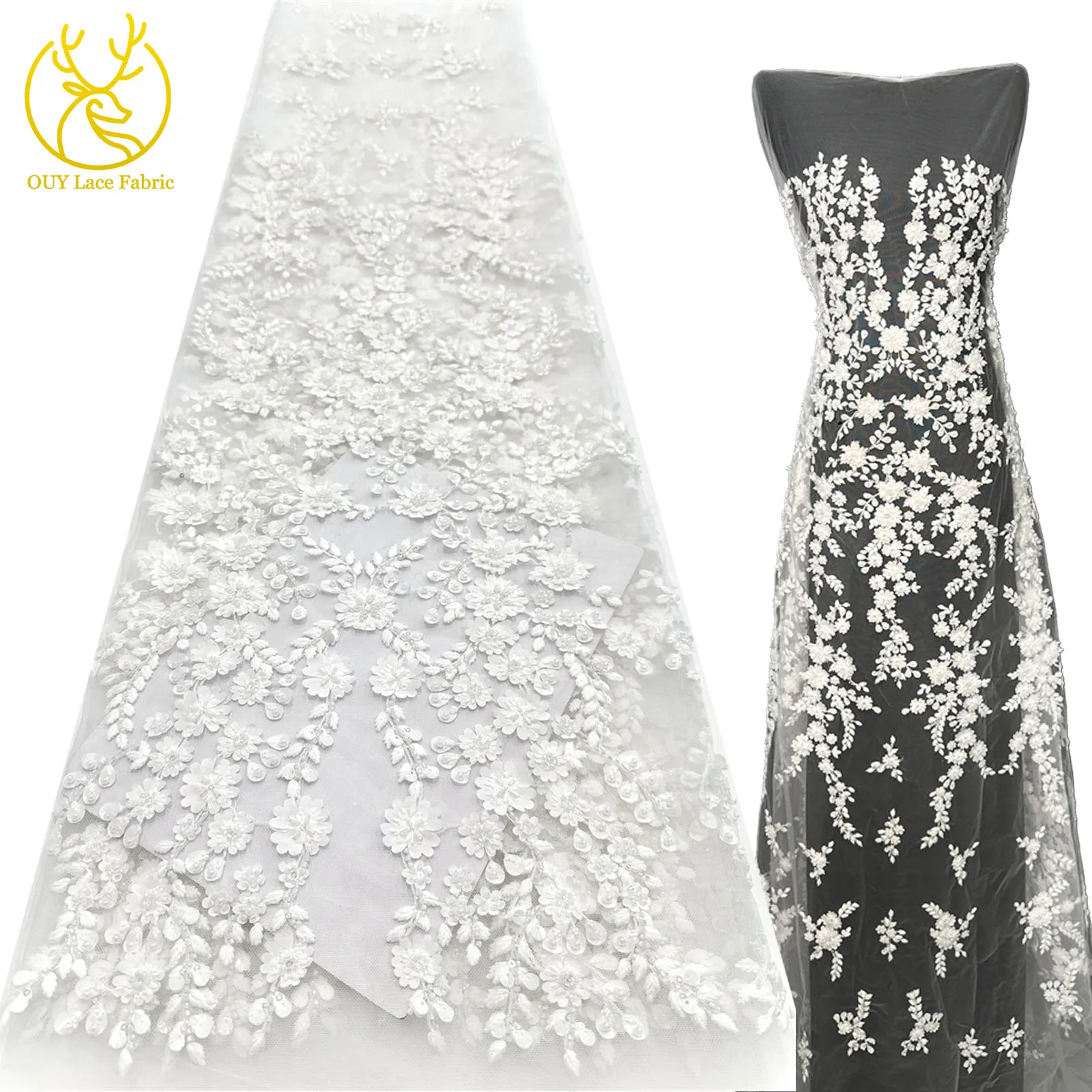 

White African Beaded Groom Embroidered Lace Fabric French Bridal Sequin Lace Fabric Nigerian Tulle Lace Fabric Couture Material