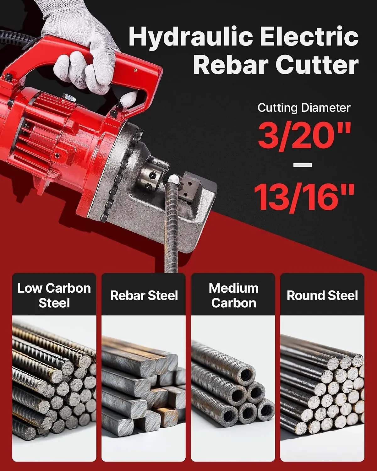 Electric Hydraulic Rebar Cutter 1250W 110V - Portable, Cuts #6 4-20mm Rebar in 4 Seconds, with Stainless Steel Carry Case