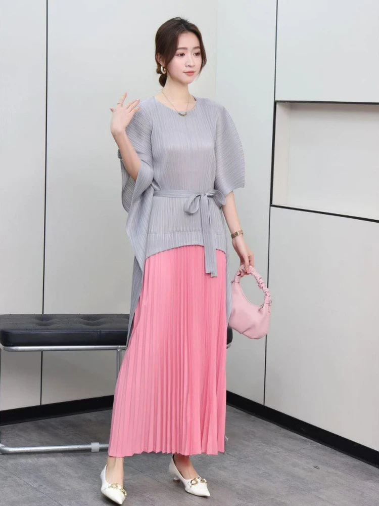 EGRM Miyake Pleated Color Block Dress 2024 New Lace Up High Waisted Folded A-line Skirt for Wedding Banquet Women's Wear 9R3105