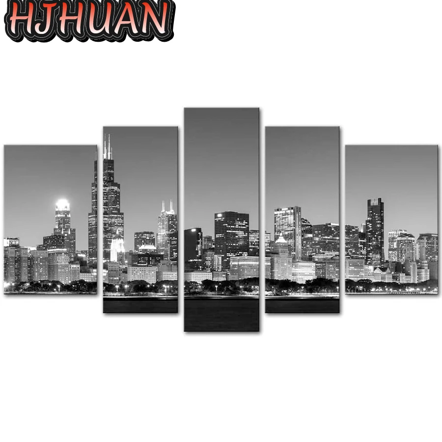 

5pcs black and white city building landscape Diamond Painting Full Square Diamond Embroidery Pictures Of Rhinestones Home Decor