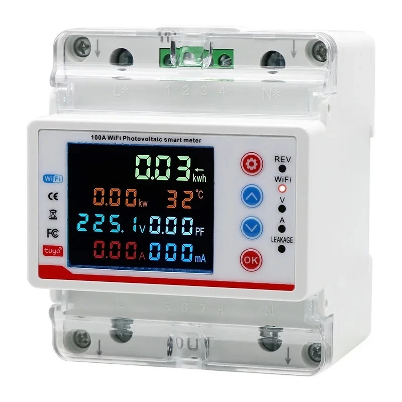 100A 2P WiFi Bi-Directional Din Rail KWh Meter Household Over Voltage Leakage Current Safety Module