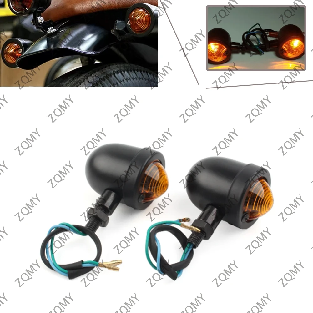 1Pair Black Motorcycle Turn Signal Lights Amber Indicator Light For Harley Cafe Racer Bobber Chopper