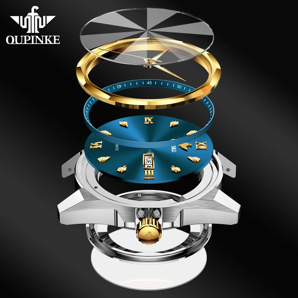 OUPINKE High Quality Mens Watches Prism Shaped Sapphire Mirror Automatic Mechanical Watch 50m Waterproof Tungsten Steel Watch