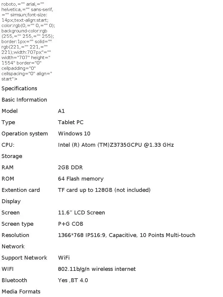 11.6'' Windows 10 Tablet PC 2G RAM 64GB ROM A1 Z3735G CPU 1366*768 IPS Screen G12 Dual Camera