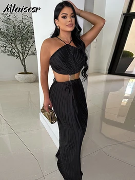 Mlaiscsr sexy halfter rücken freies schwarzes geteiltes kleid für frauen plissierte schnürung schlanke elegante geburtstags feier weihnachten afrikanische robe neu