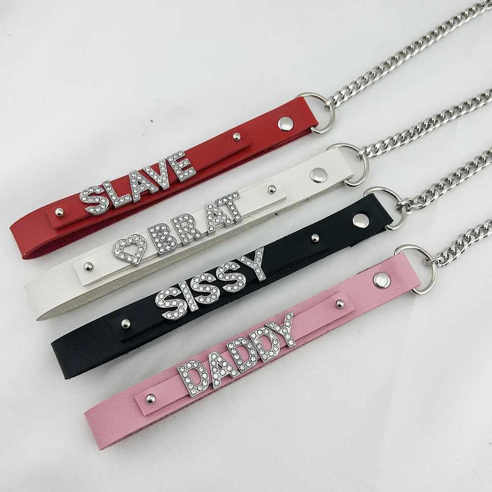 Rhinestone  Slave Leash Custom Sexy Goth Bondage Crystal Letter Name Collar Chain Cosplay Accessory