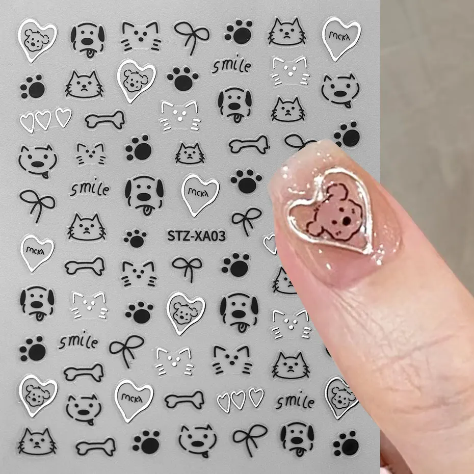 2pcs 3D Cute Silver Smile Dog Decals Y2K Cartoon Cat Footprint Nail Stickers Graffiti Star Heart Bowknot Manicure Slider Decor