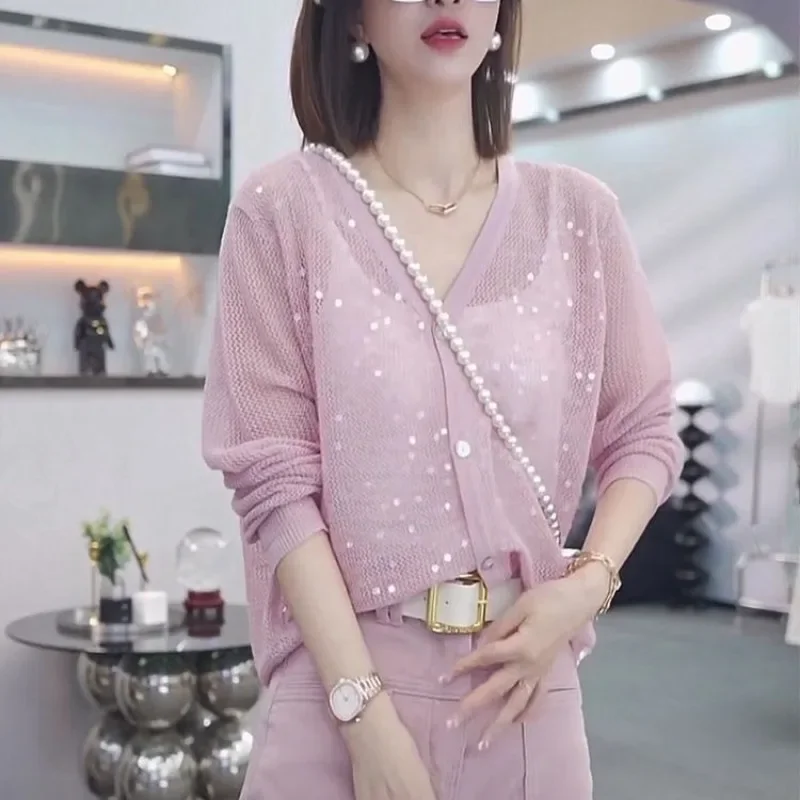 

Sequin Knitted Cardigan Coat Spring Summer Thin Knit Cardigan Hollow Out V-neck Sweater Soft Lazy Sweaters Tops Long Sleeve Chic