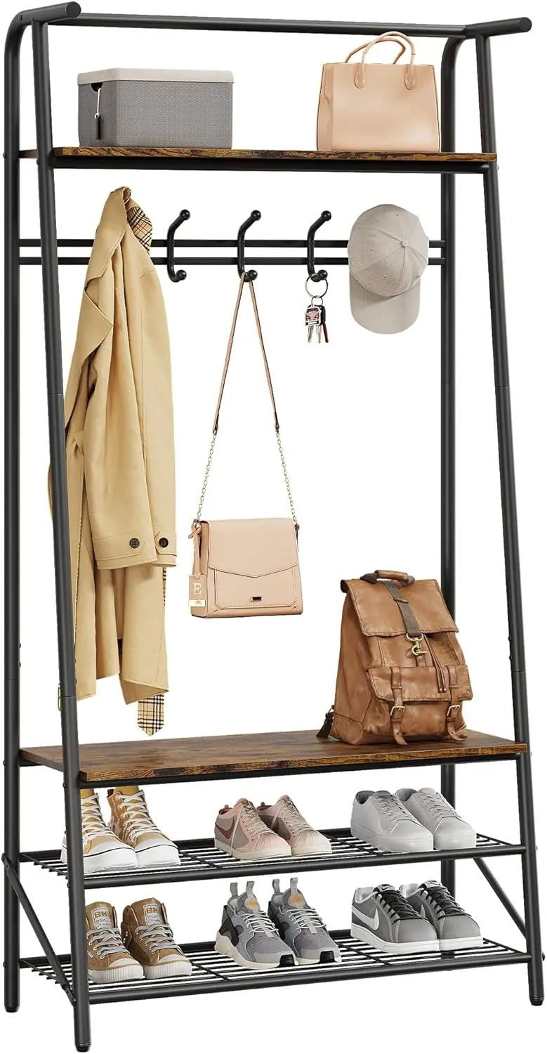 Garderobenständer 4-in-1 mit Oberablage, Haken, Schuhbank & Schuhregal, Industrie-Stil, Metallrahmen & MDF, stabil und belastbar, für Flur/Eingangsbereich/Wohn-/Schlafzimmer, einfache Montage
